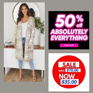 🚨🚨50% OFF🚨 Taupe 'LOVE' Open-Front Long Cardigan Sweater. NWT Size S/M